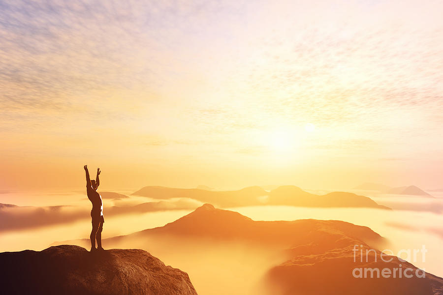 Sunset Photograph - Happy man with hands up on the top of the world above clouds by Michal Bednarek