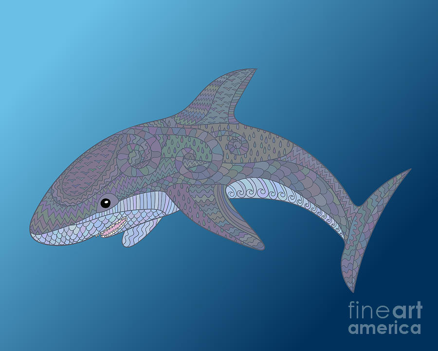 Happy Shark With High Details Colored Digital Art by Watercolor swallow