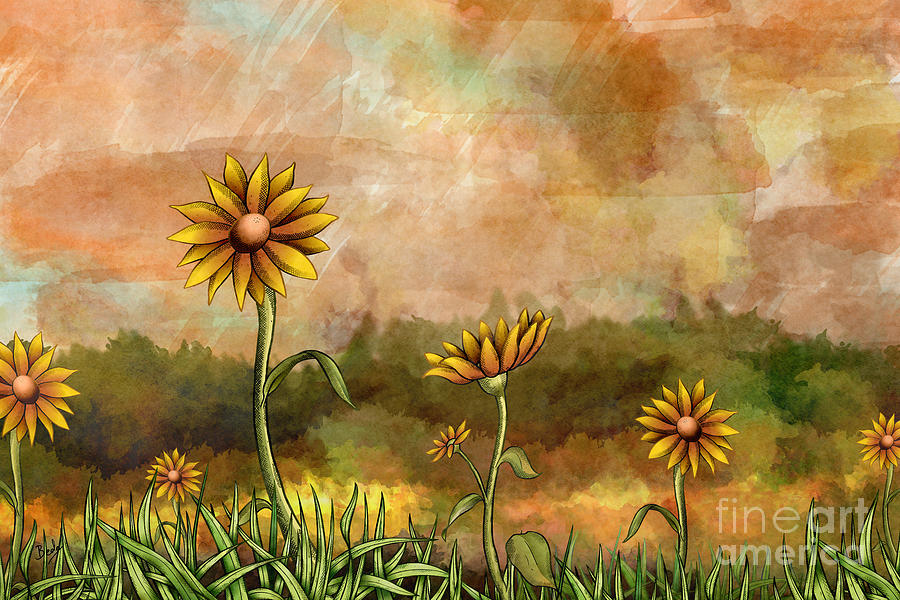 Summer Digital Art - Happy Sunflowers by Peter Awax