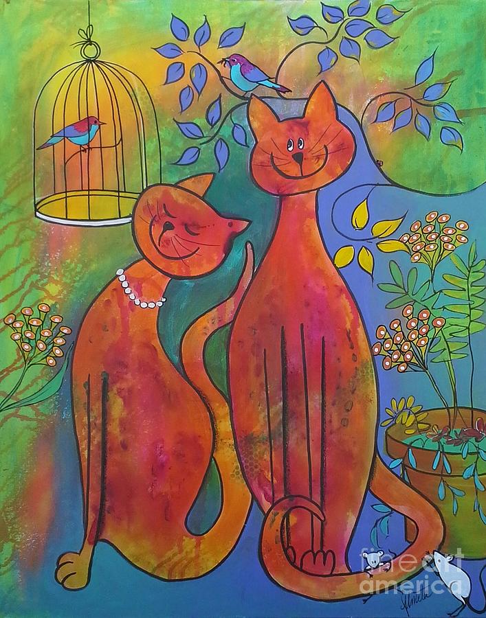 Cat Painting - Happy Together by Almeta Lennon