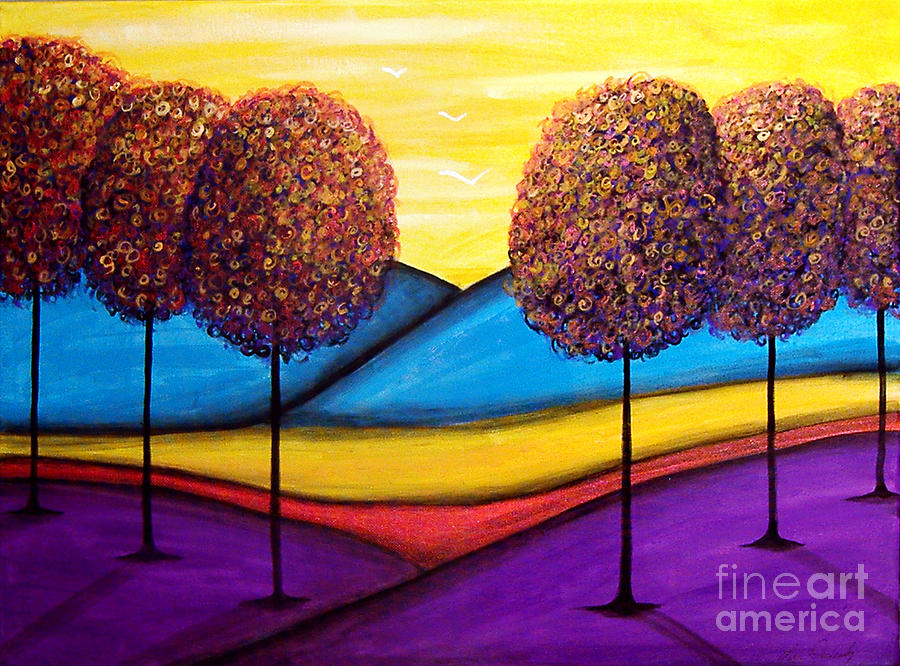 Happy Trees With Blue Hills Painting by Lee Owenby
