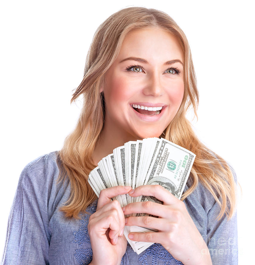 Portrait Photograph - Happy woman with money by Anna Om