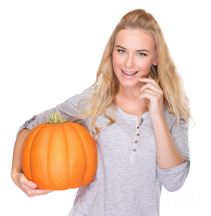 Happy woman with Thanksgiving pumpkin Photograph by Anna Om