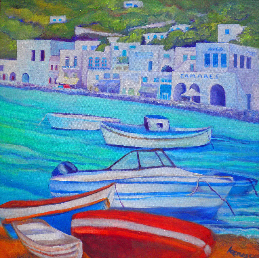Harborfront Mykonos Painting by Kandy Cross