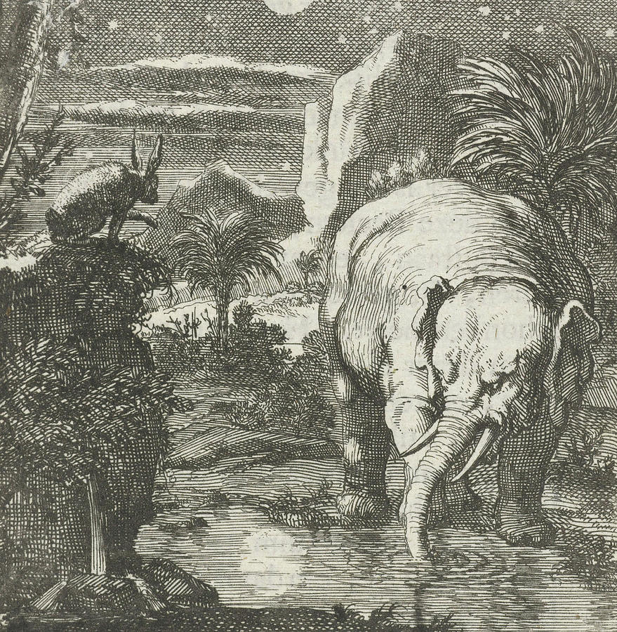 Hare And Elephant With A Full Moon Near A Spring Drawing by Jan Luyken ...