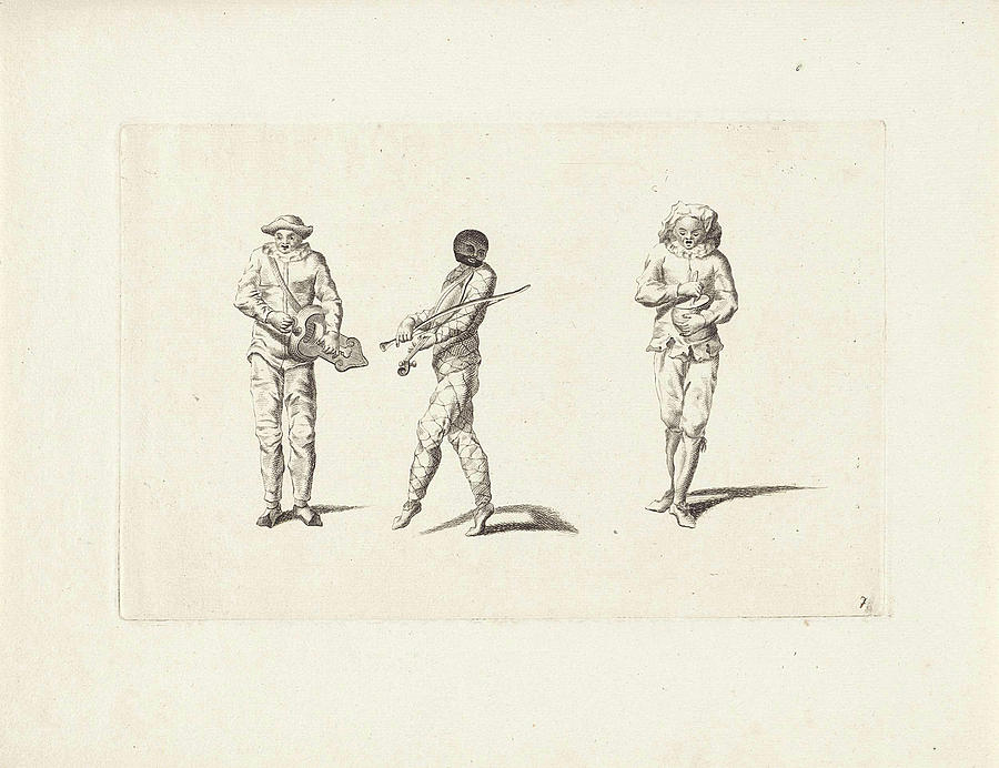 Music Drawing - Harlequin And Two Jesters Making Music, Anonymous by Anonymous And Gerardus Josephus Xavery And Pieter Schenk (i)