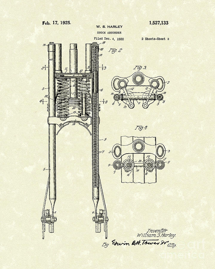 Harley Absorber 1925 Patent Art Drawing by Prior Art Design