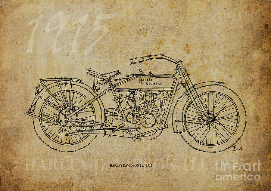 Vintage Drawing - Harley Davidson 11J 1915 by Drawspots Illustrations