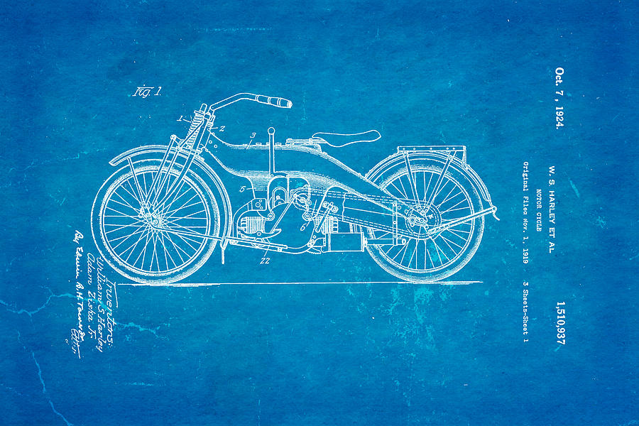 Fork Photograph - Harley Davidson 1919 Twin Cylinder Model Patent Art  Blueprint by Ian Monk