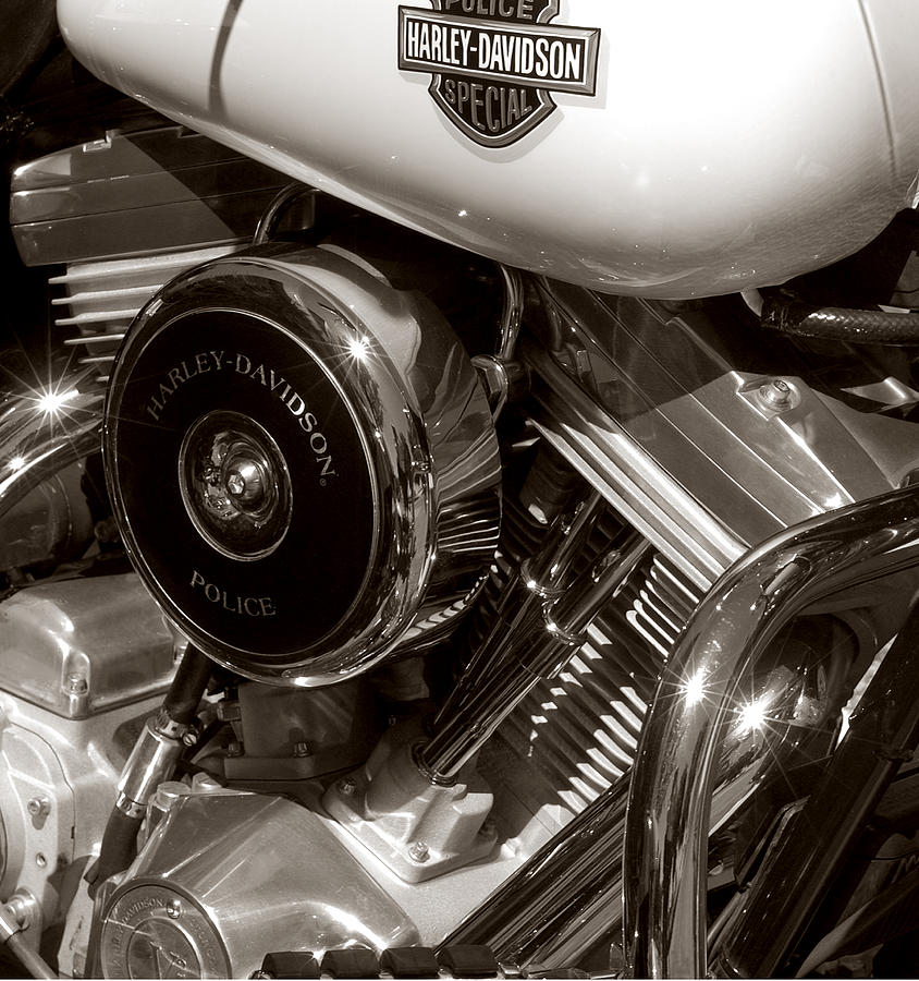 Black And White Photograph - Harley Davidson Engine Detail by Jeff Leland