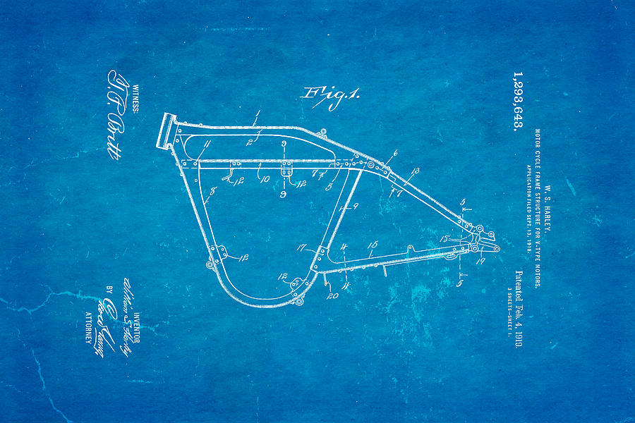 Fork Photograph - Harley Davidson Frame for V Type Motors Patent Art 1919 Blueprint by Ian Monk