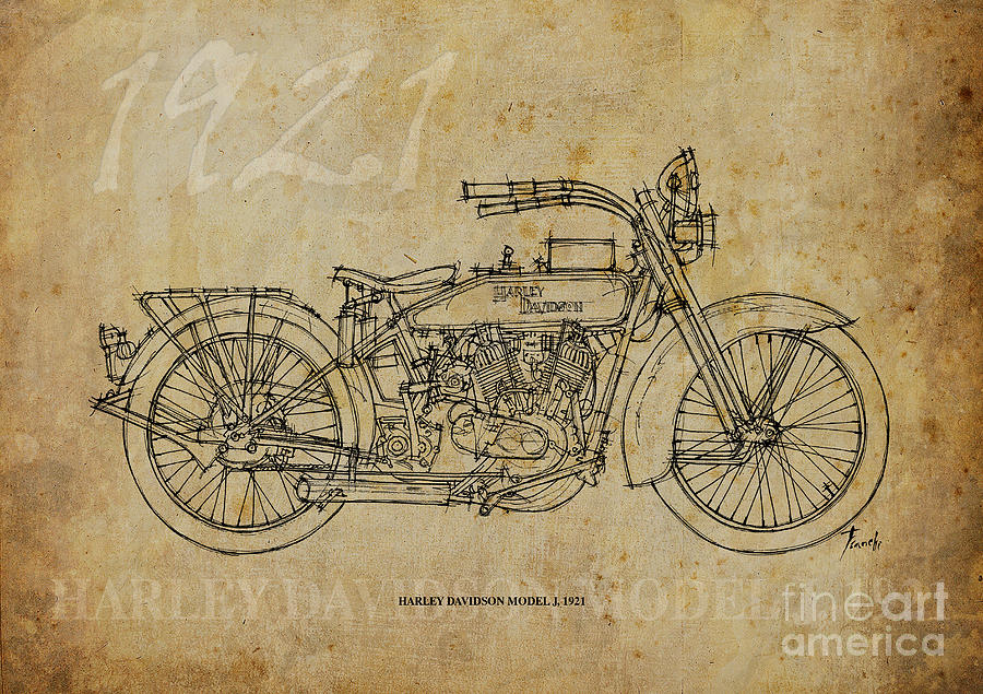 Harley Davidson Drawing - Harley Davidson Model J 1921 by Drawspots Illustrations