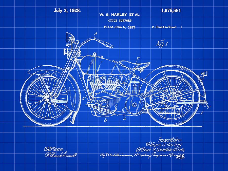 Harley Davidson Motorcycle Patent 1925 - Blue Digital Art by Stephen Younts