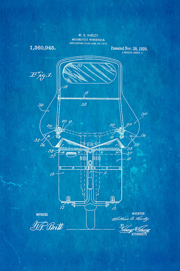 Fork Photograph - Harley Davidson Motorcycle Windshield Patent Art 1920 Blueprint by Ian Monk