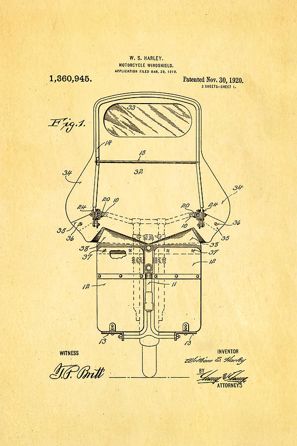 Fork Photograph - Harley Davidson Motorcycle Windshield Patent Art 1920 by Ian Monk