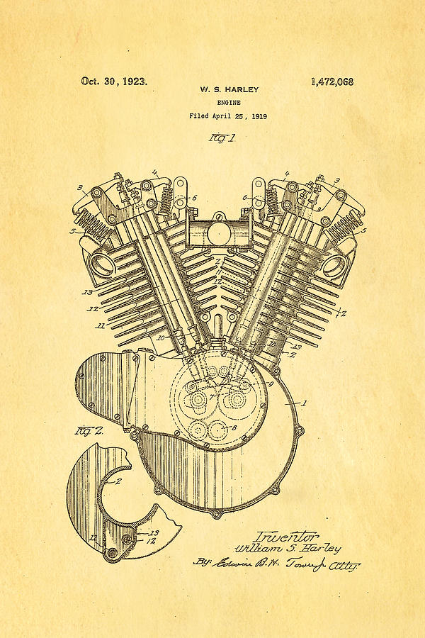 Fork Photograph - Harley Davidson V Twin Engine Patent Art 1923 by Ian Monk