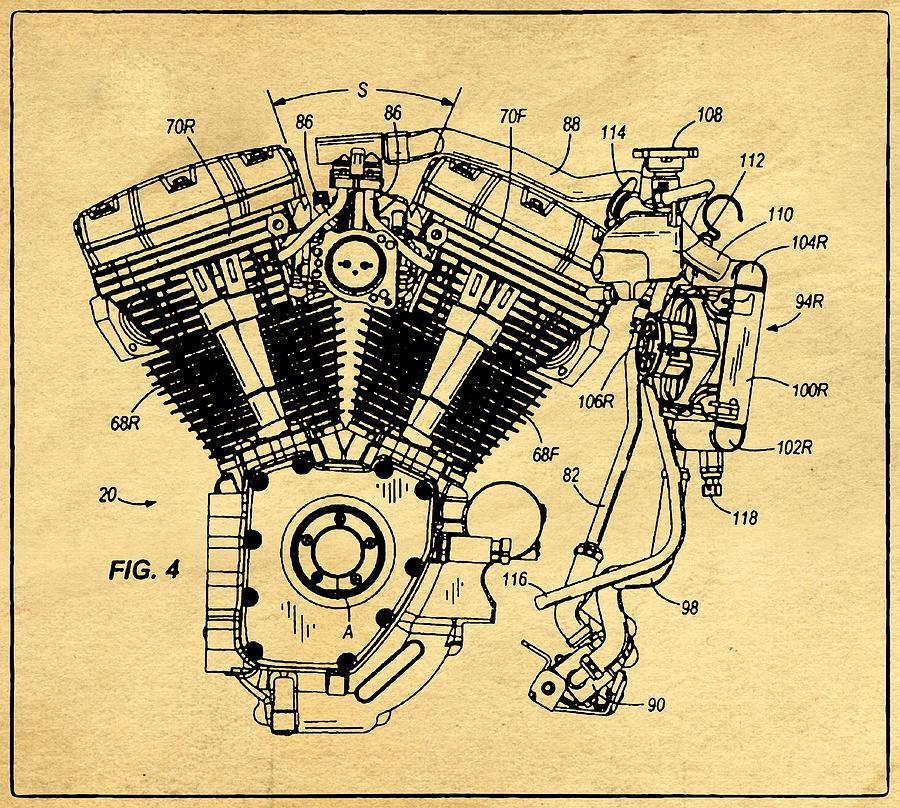 Vintage Photograph - Harley Davidson Water Cooled Cylinder Support Patent Drawing 1 by Samir Hanusa