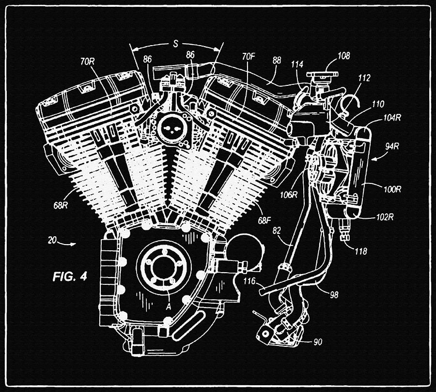 Vintage Photograph - Harley Davidson Water Cooled Cylinder Support Patent Drawing 2 by Samir Hanusa