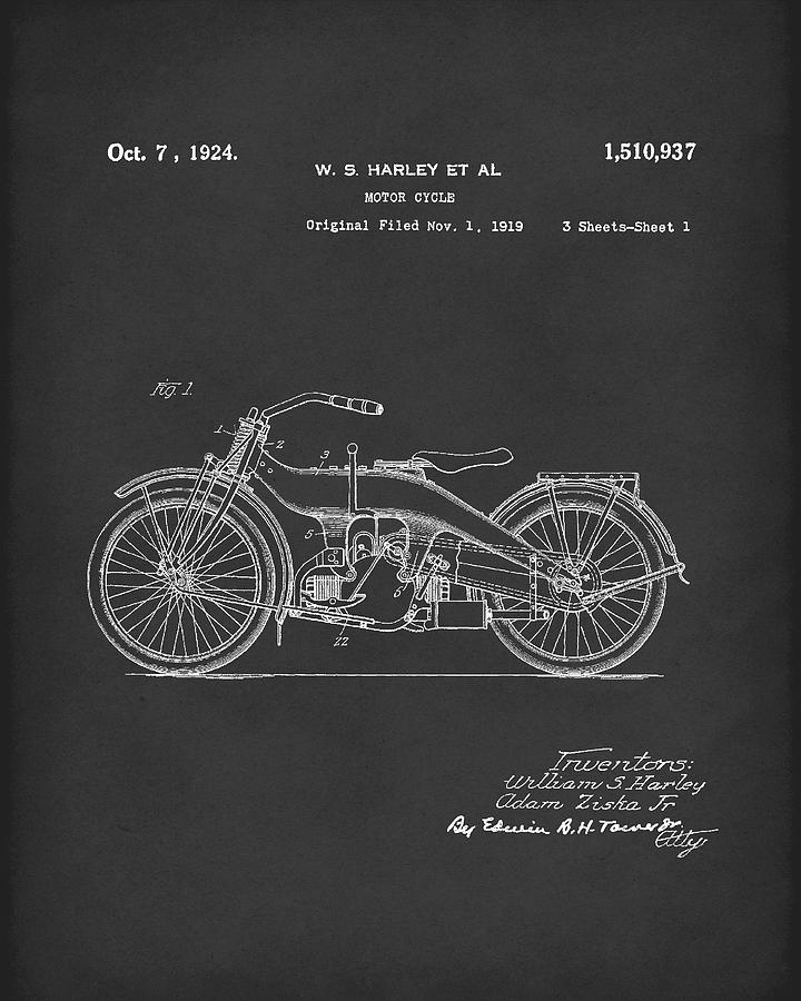 Harley Motorcycle 1924 Patent Art Black Drawing by Prior Art Design