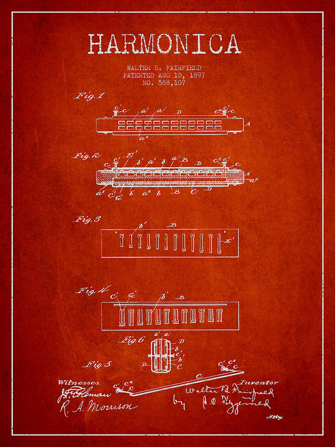 Jazz Digital Art - Harmonica Patent Drawing from 1897 - Red by Aged Pixel
