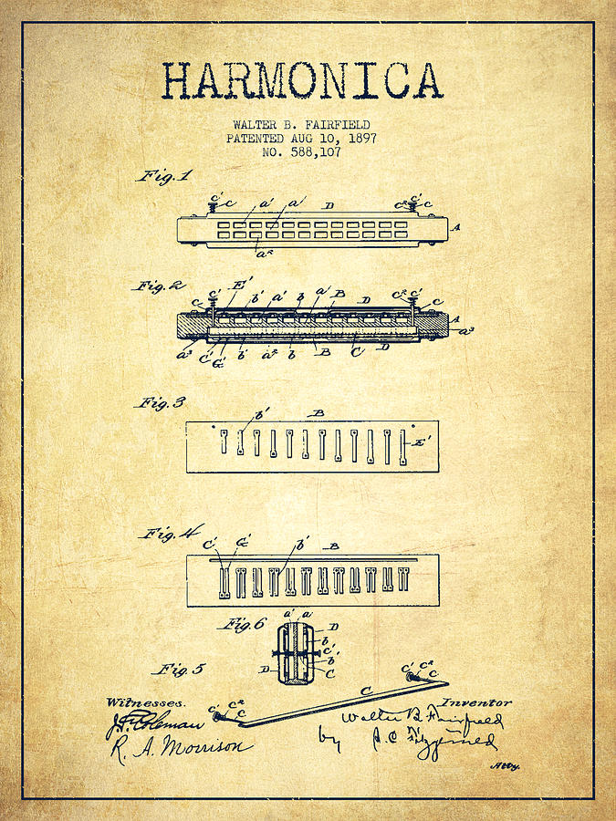 Harmonica Patent Drawing From 1897 - Vintage Digital Art