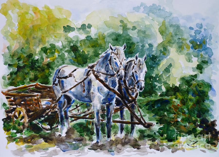 Harnessed Horses Painting by Zaira Dzhaubaeva