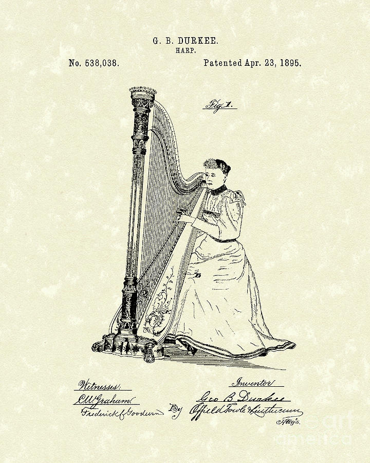 Harp 1895 Patent Art Drawing by Prior Art Design
