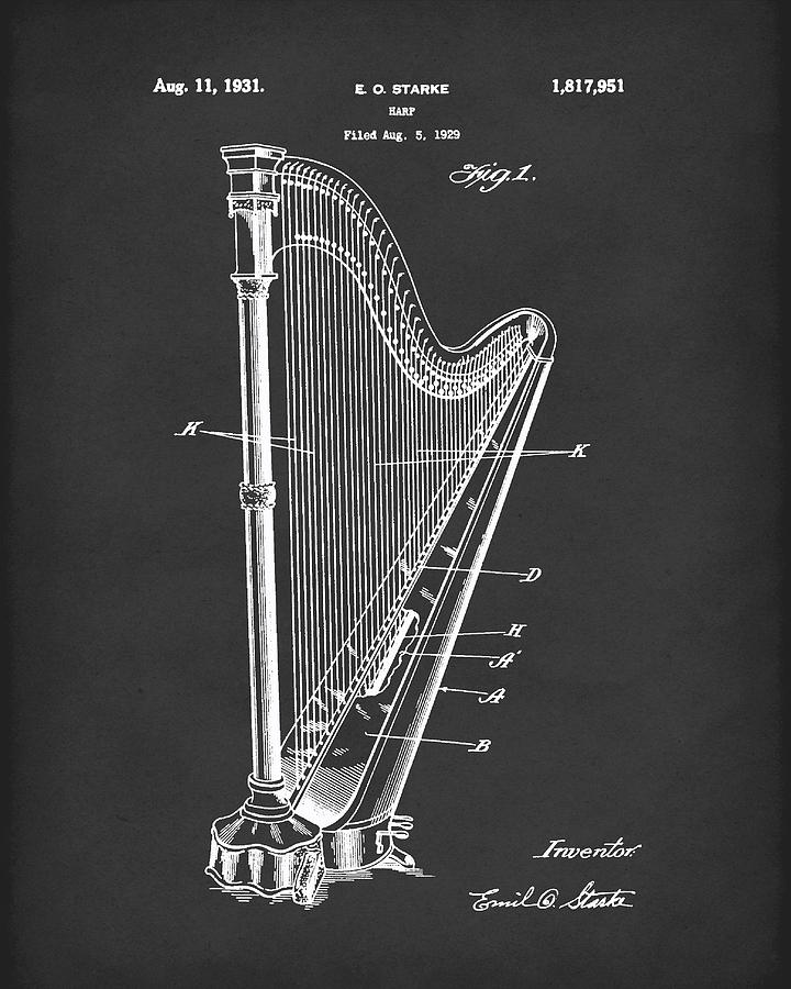 Musical Instrument Drawing - Harp 1931 Patent Art Black by Prior Art Design