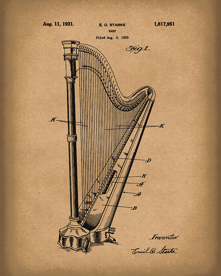 Musical Instrument Drawing - Harp 1931 Patent Art Brown by Prior Art Design