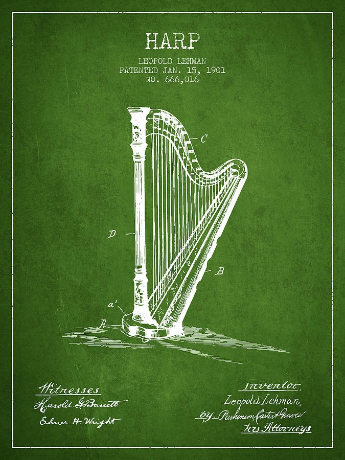 Harp Digital Art - Harp Music Instrument Patent From 1901 - Green by Aged Pixel Harp Digital Art - Harp Music Instrument Patent From 1901 - Green by Aged Pixel
