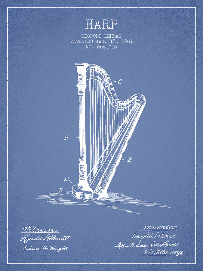 Harp Music Instrument Patent From 1901 - Light Blue Digital Art