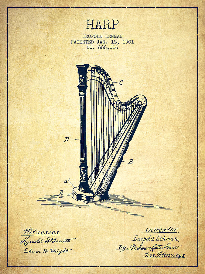 Music Digital Art - Harp Music Instrument Patent from 1901 - Vintage by Aged Pixel