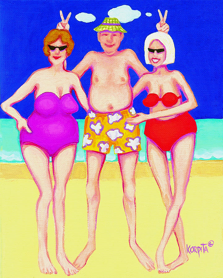 Funny Beach Women Man  Painting by Rebecca Korpita