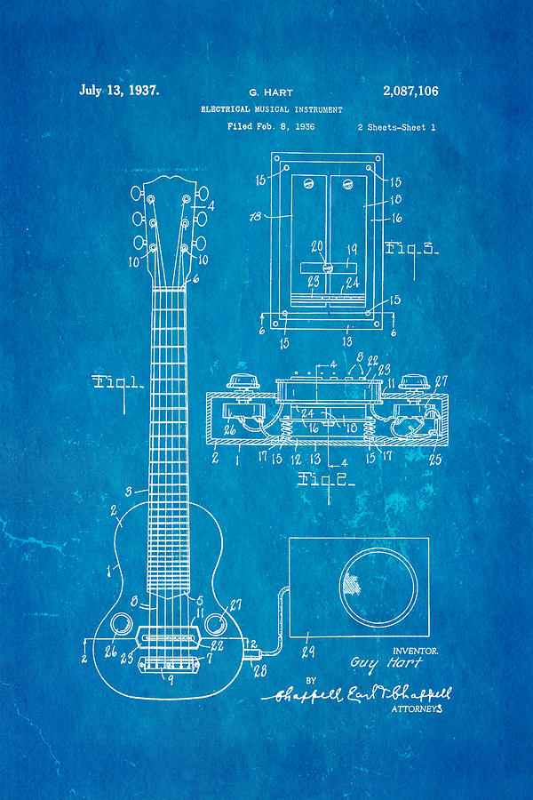 Music Photograph - Hart Gibson Electric Guitar Pickup Patent Art 1937 Blueprint by Ian Monk