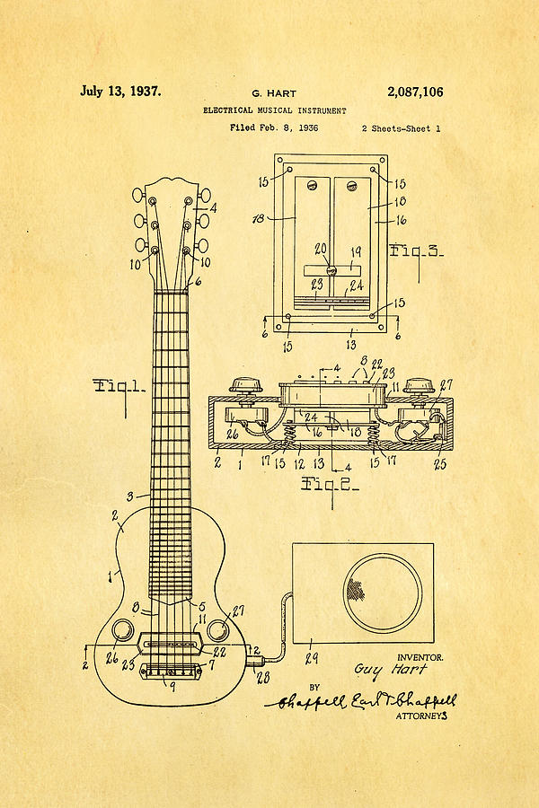 Music Photograph - Hart Gibson Electric Guitar Pickup Patent Art 1937 by Ian Monk