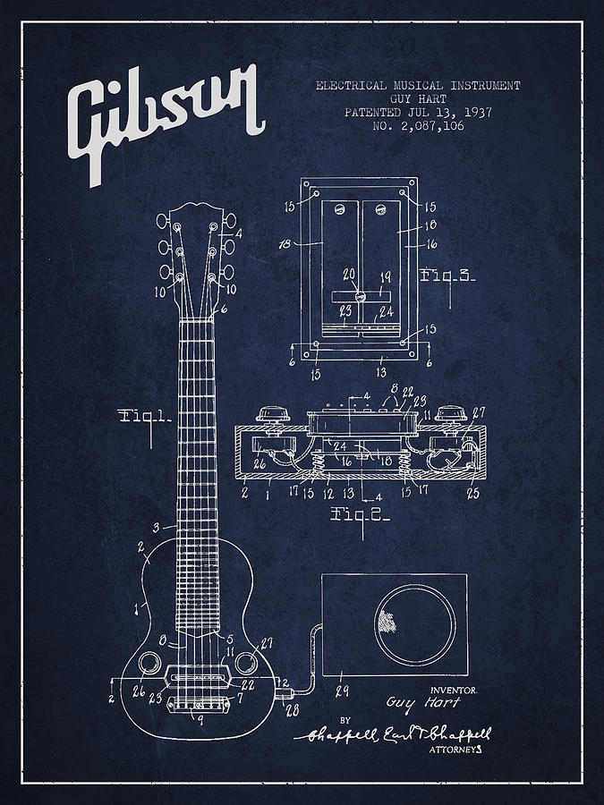 Bass Digital Art - Hart Gibson electrical musical instrument patent Drawing from 19 by Aged Pixel