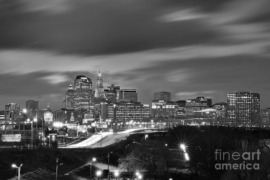 Hartford Skyline at Night BW Black and White Photograph by Jon Holiday