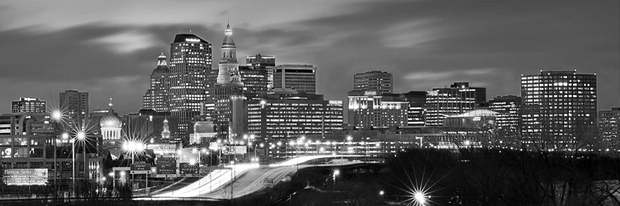 Hartford Skyline at Night BW Black and White Panoramic  Photograph by Jon Holiday