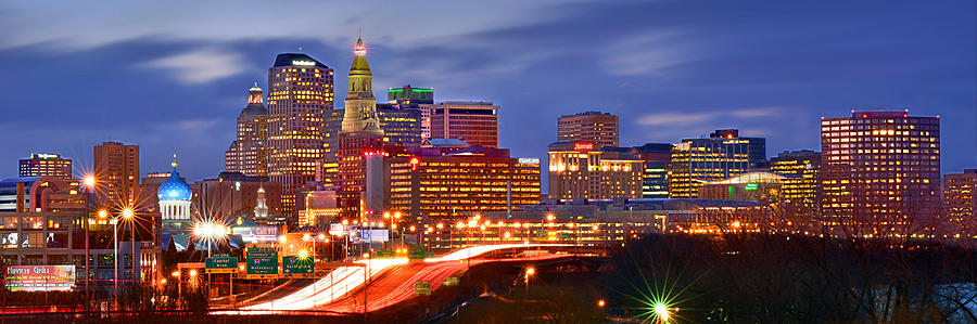 Hartford Skyline Photograph - Hartford Skyline at Night Panoramic  by Jon Holiday