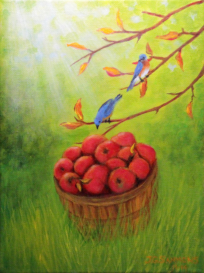 Harvest Apples and Bluebirds Painting by Janet Greer Sammons