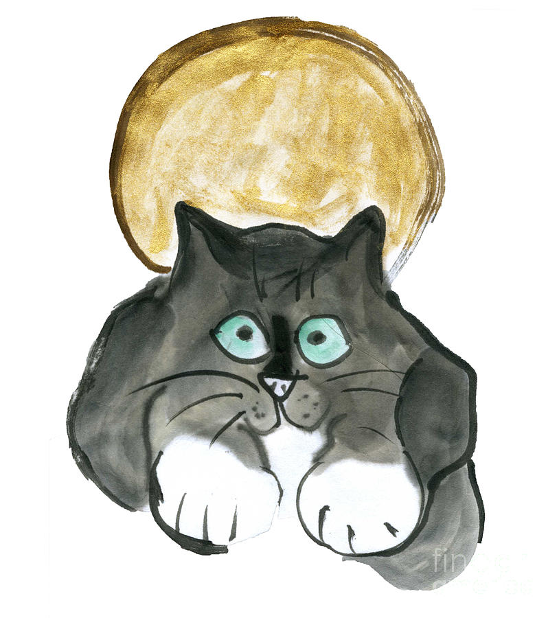 Harvest Moon and Tuxedo Cat Painting by Ellen Miffitt