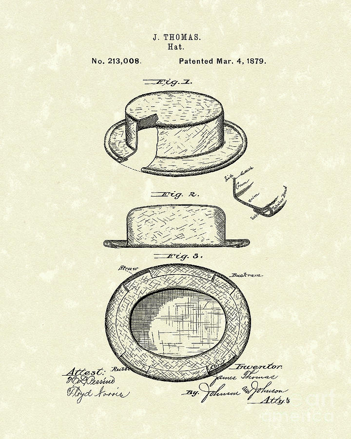 Hat 1879 Patent Art Drawing by Prior Art Design