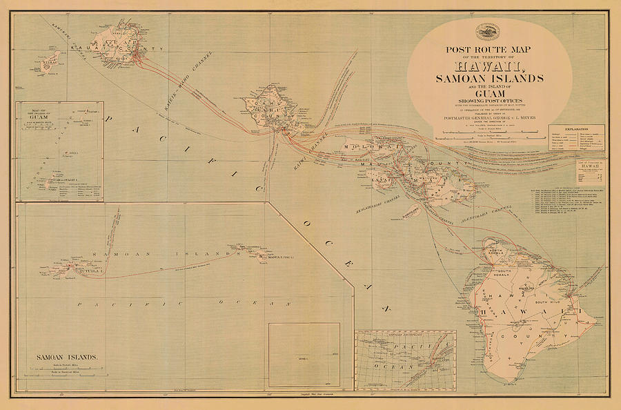 Samoa Photograph - Hawaii Postal Route Map 1908 by Andrew Fare