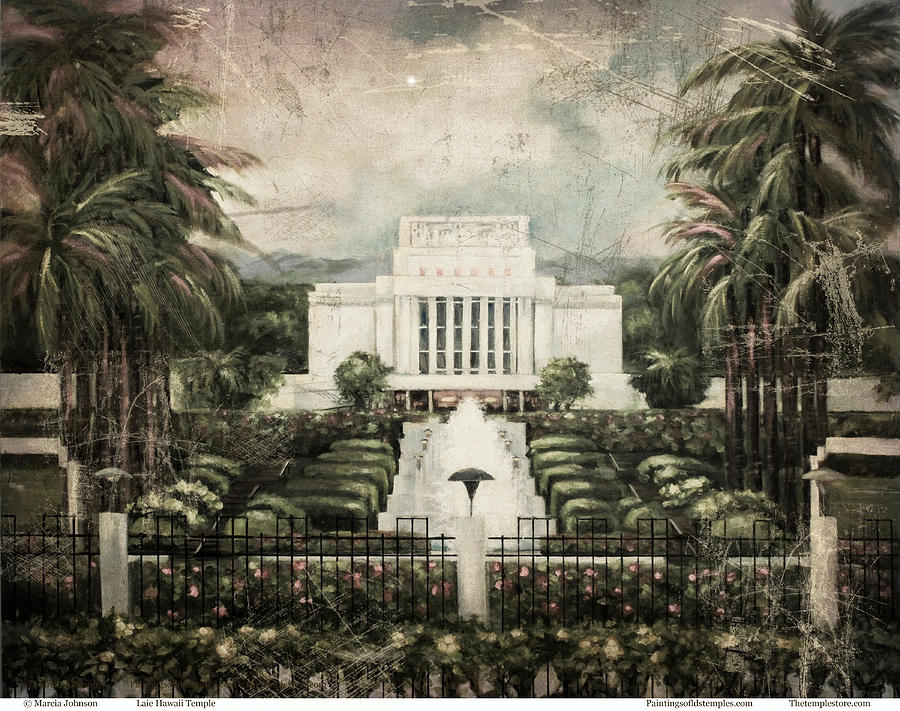 Landscape Painting - Hawaii Temple Laie Antique by Marcia Johnson