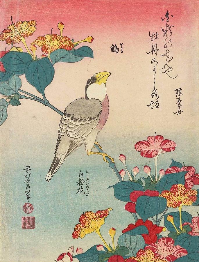Hokusai Painting - Hawfinch and Marvel-of-Peru by Katsushika Hokusai