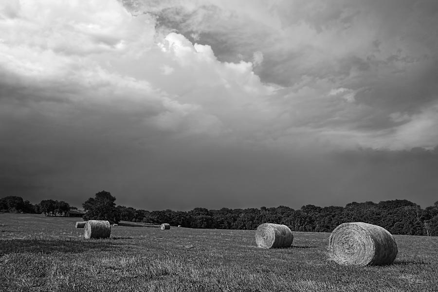 Hay Bales Black and White - photography Photograph by Ann Powell