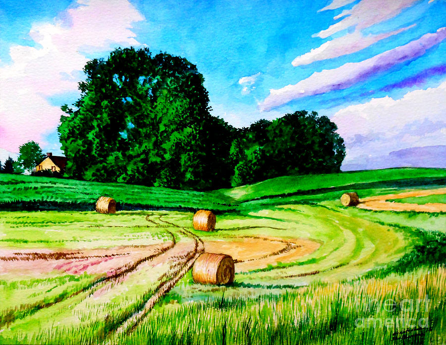 Tree Painting - Hay Rolls on Farmland by Christopher Shellhammer