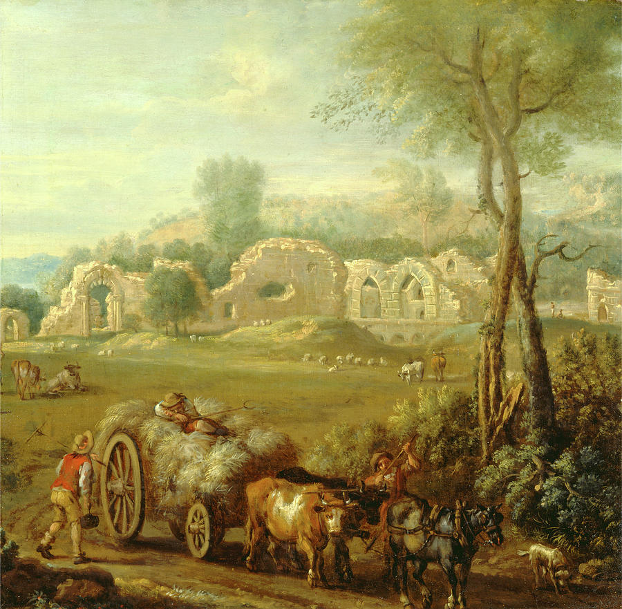 John Wootton Painting - Haycart Passing A Ruined Abbey, John Wootton by Litz Collection