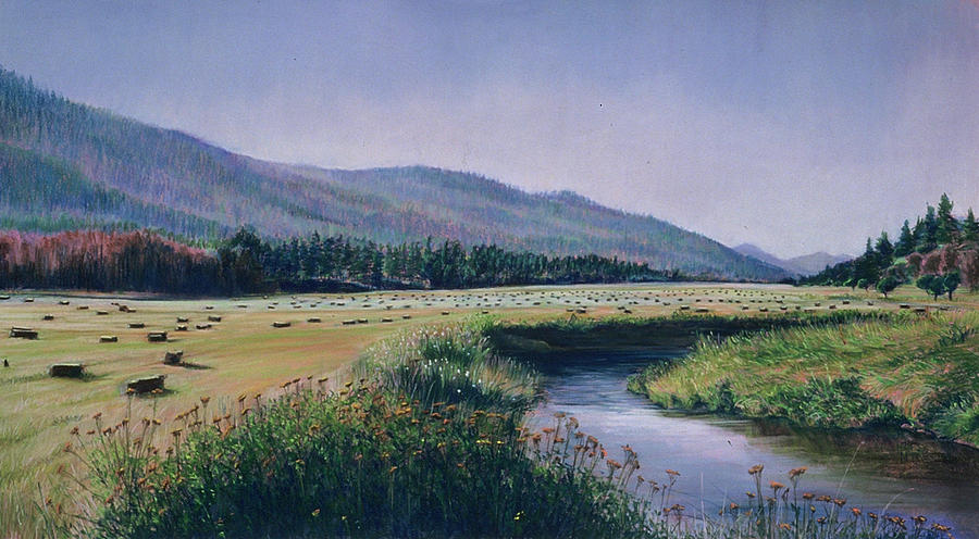 Hayfield and River Painting by Nick Payne