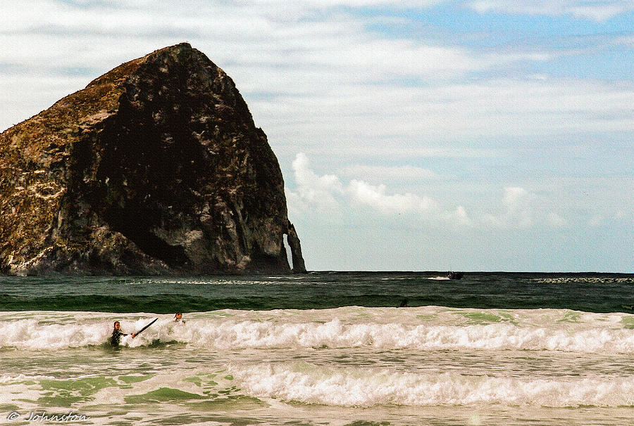 Mountain Photograph - Haystack  Pacific City Oregon  Surfers by Bob and Nadine Johnston